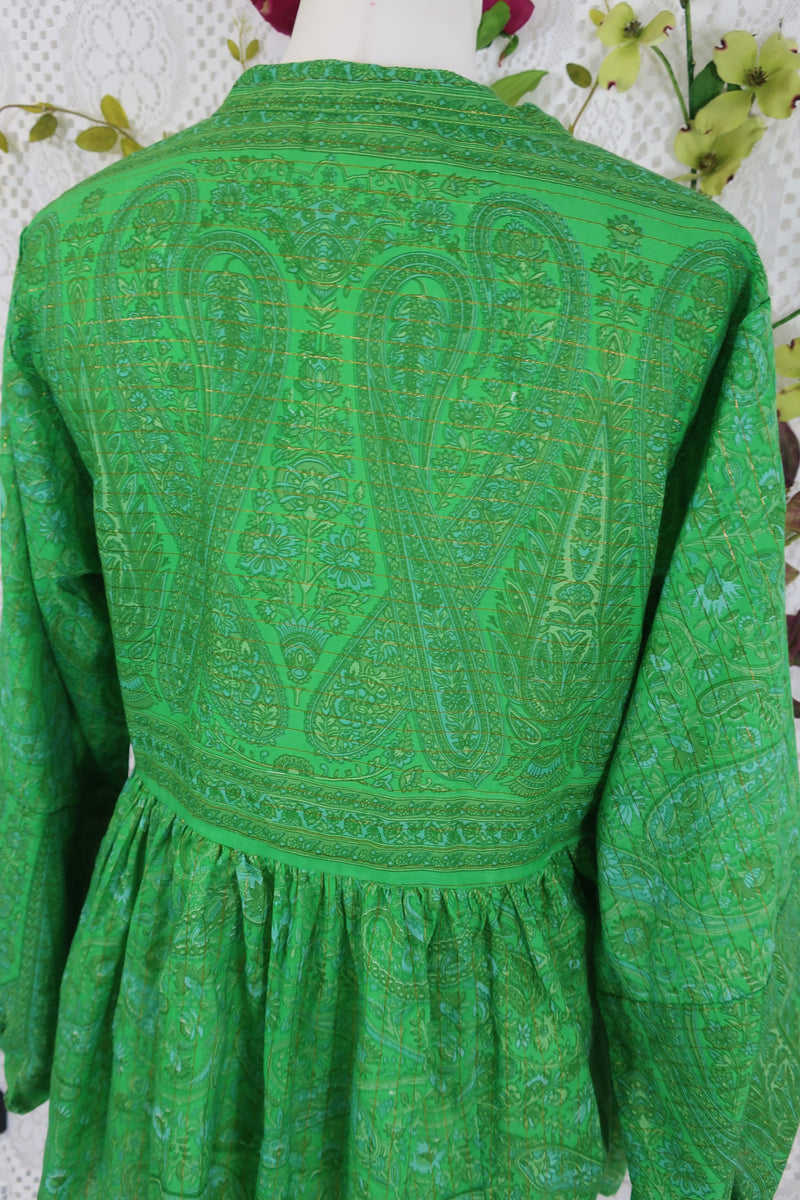 SALE Florence Smock Top - Emerald Green Paisley Floral Copper Sparkly Thread (XS)