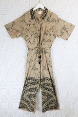 Billie Jumpsuit - Vintage Indian Sari - Beige & Black Wildflower - M/L