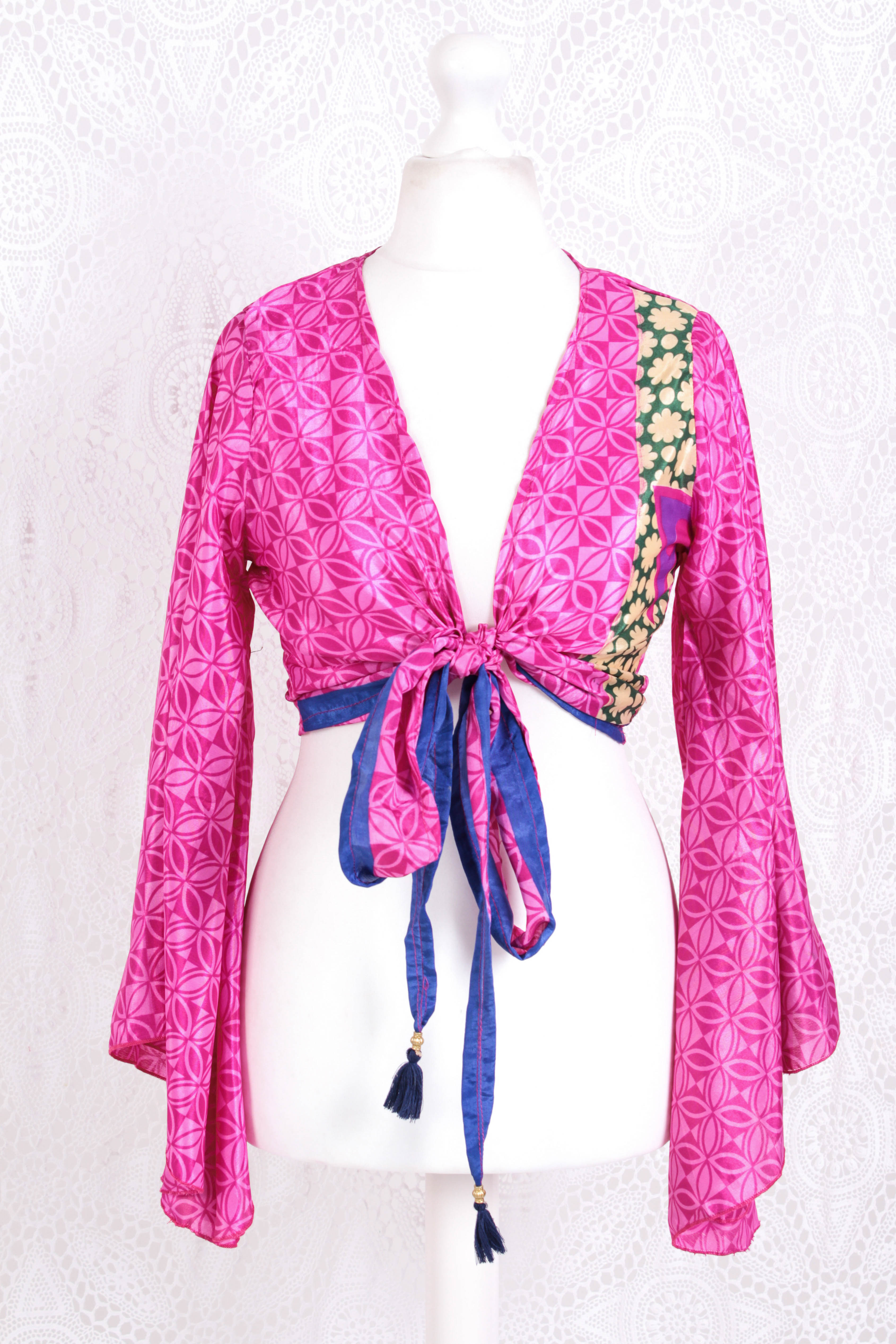 Gemini Wrap Top -  Vintage Indian Sari - Magenta Geometric Circles - S/M