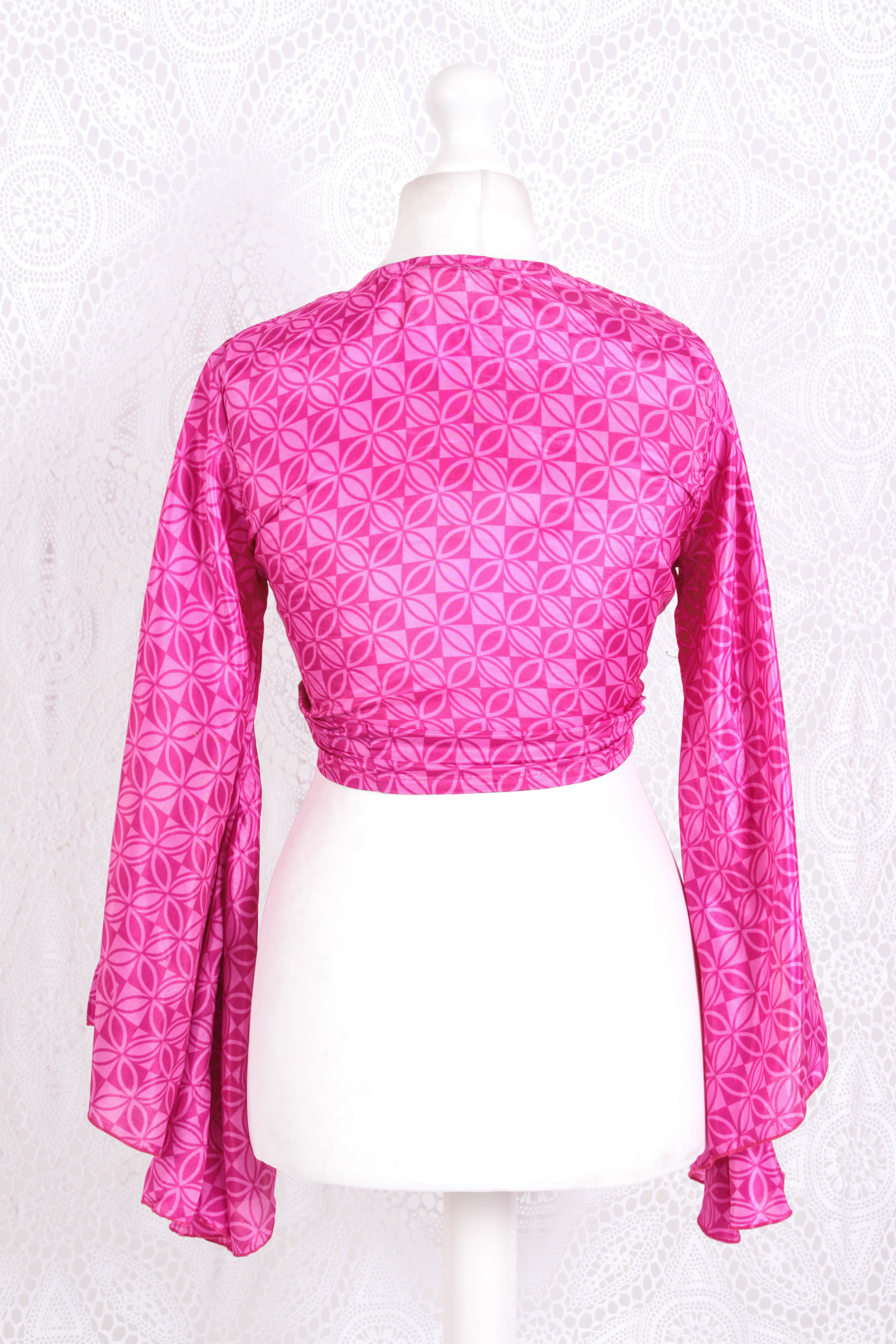Gemini Wrap Top -  Vintage Indian Sari - Magenta Geometric Circles - S/M