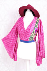 Gemini Wrap Top -  Vintage Indian Sari - Magenta Geometric Circles - S/M