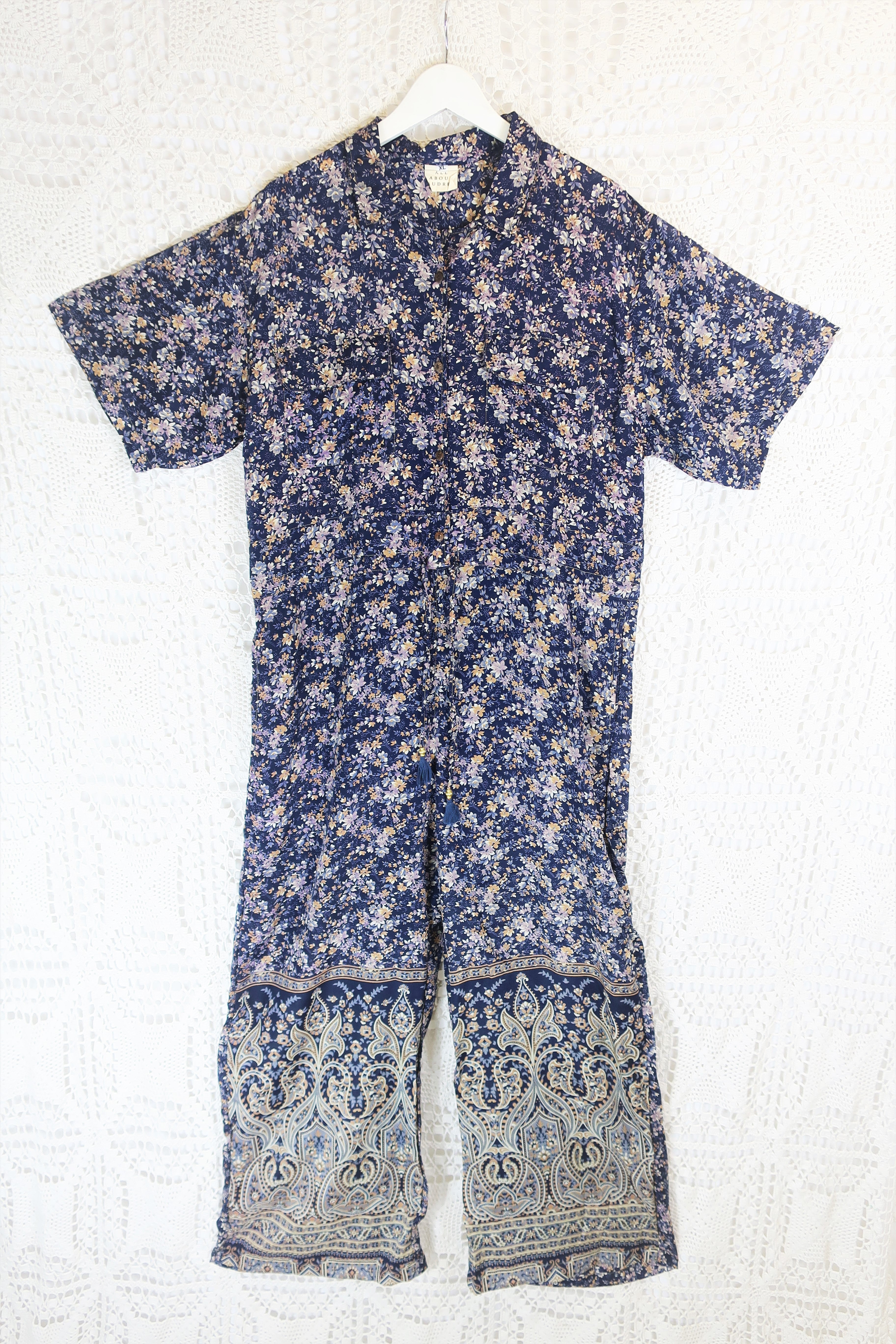 Billie Jumpsuit - Vintage Indian Sari - Midnight Blue Ditsy Floral - XL