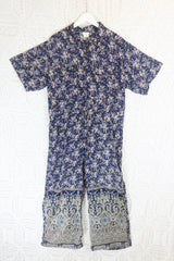Billie Jumpsuit - Vintage Indian Sari - Midnight Blue Ditsy Floral - XL