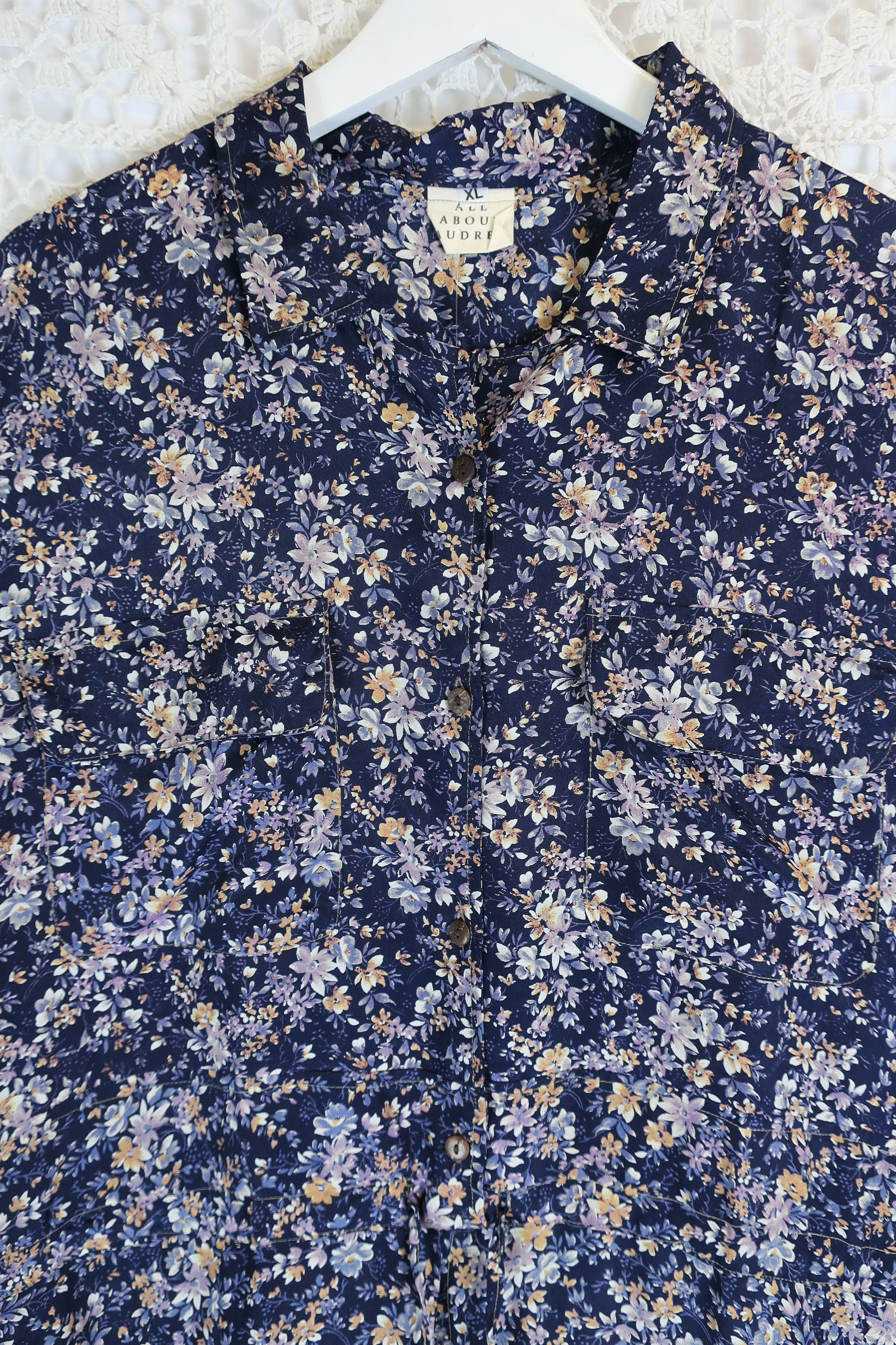 Billie Jumpsuit - Vintage Indian Sari - Midnight Blue Ditsy Floral - XL