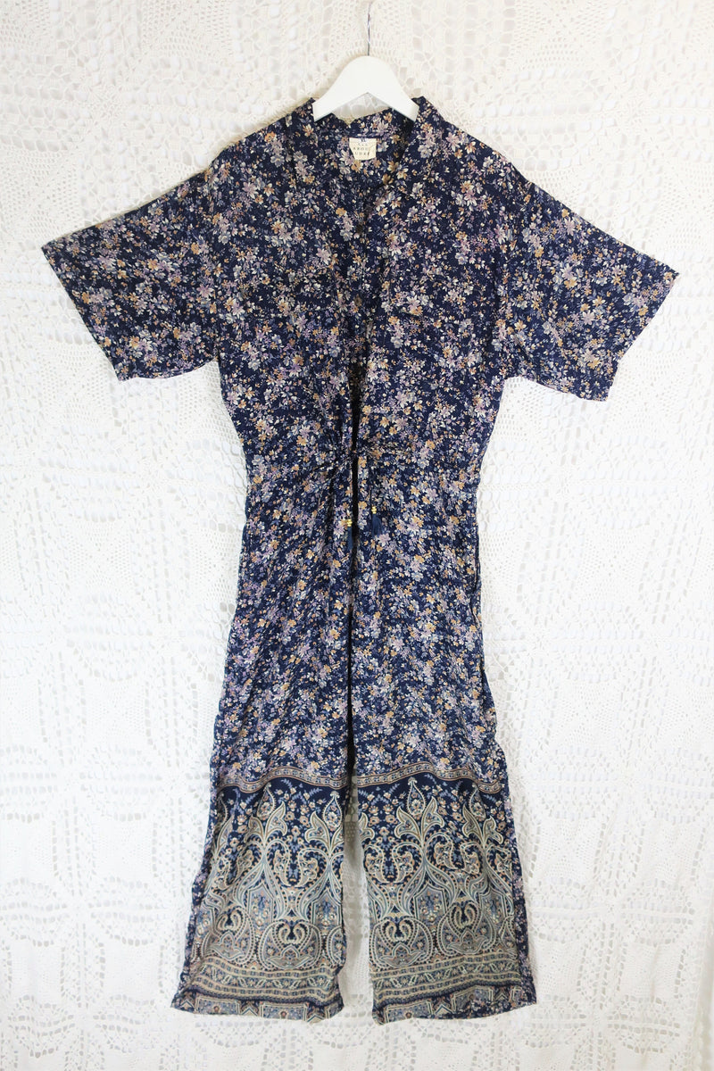 Billie Jumpsuit - Vintage Indian Sari - Midnight Blue Ditsy Floral - XL