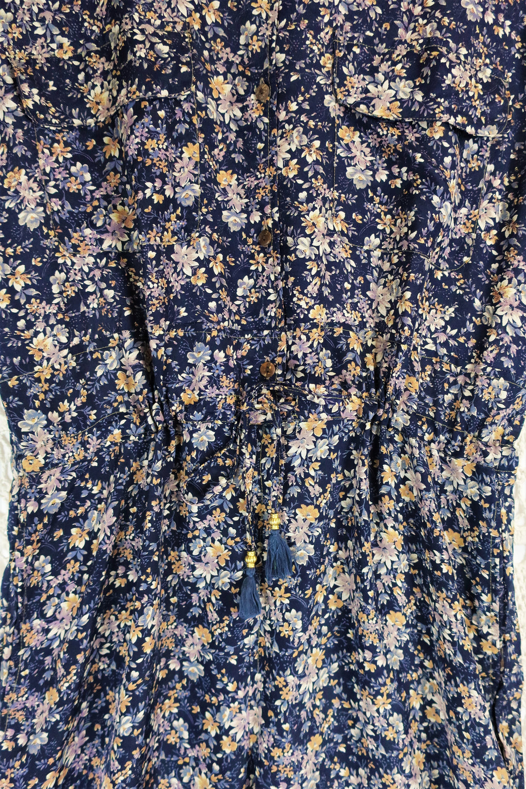 Billie Jumpsuit - Vintage Indian Sari - Midnight Blue Ditsy Floral - XL