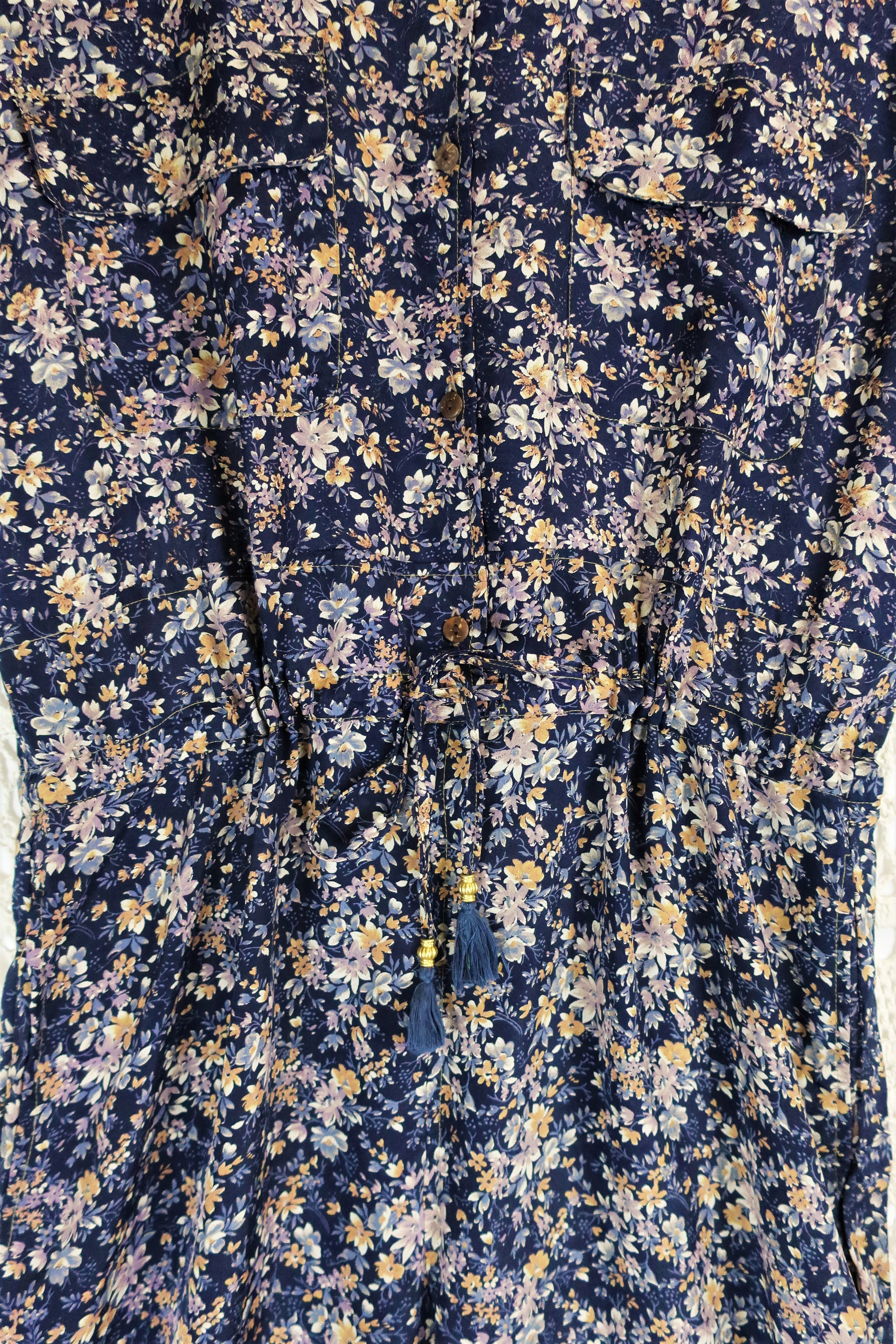 Billie Jumpsuit - Vintage Indian Sari - Midnight Blue Ditsy Floral - XL