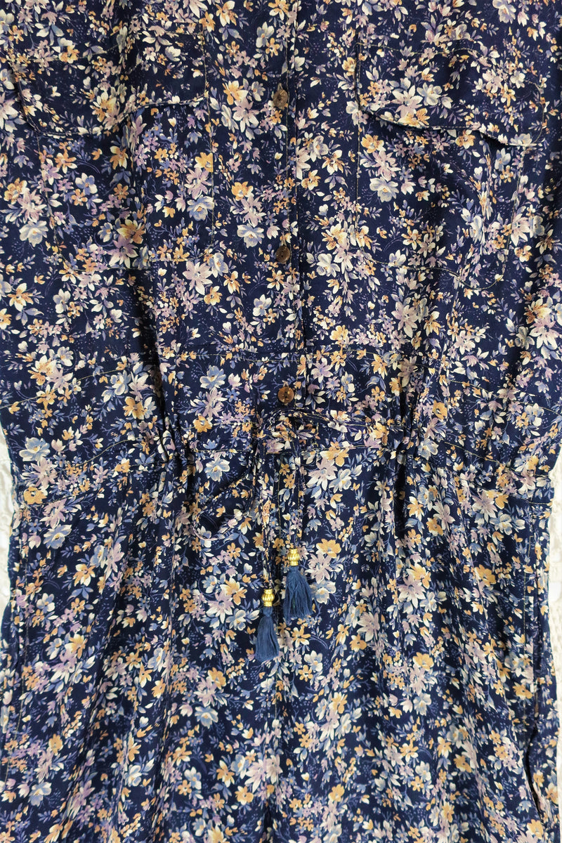 Billie Jumpsuit - Vintage Indian Sari - Midnight Blue Ditsy Floral - XL