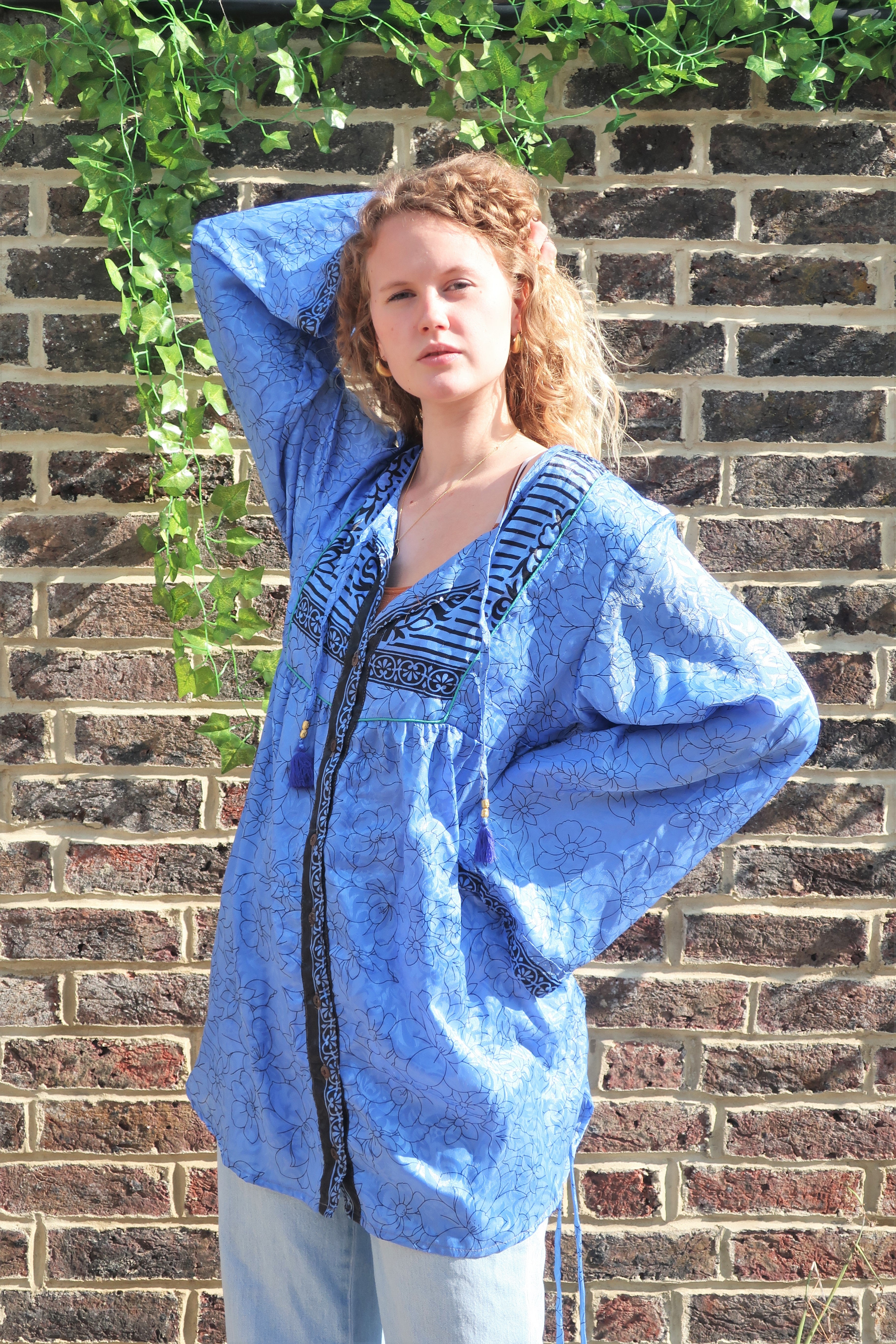 Jude Tunic Top - Vintage Indian Sari - Shimmering Blue Floral (M/L)