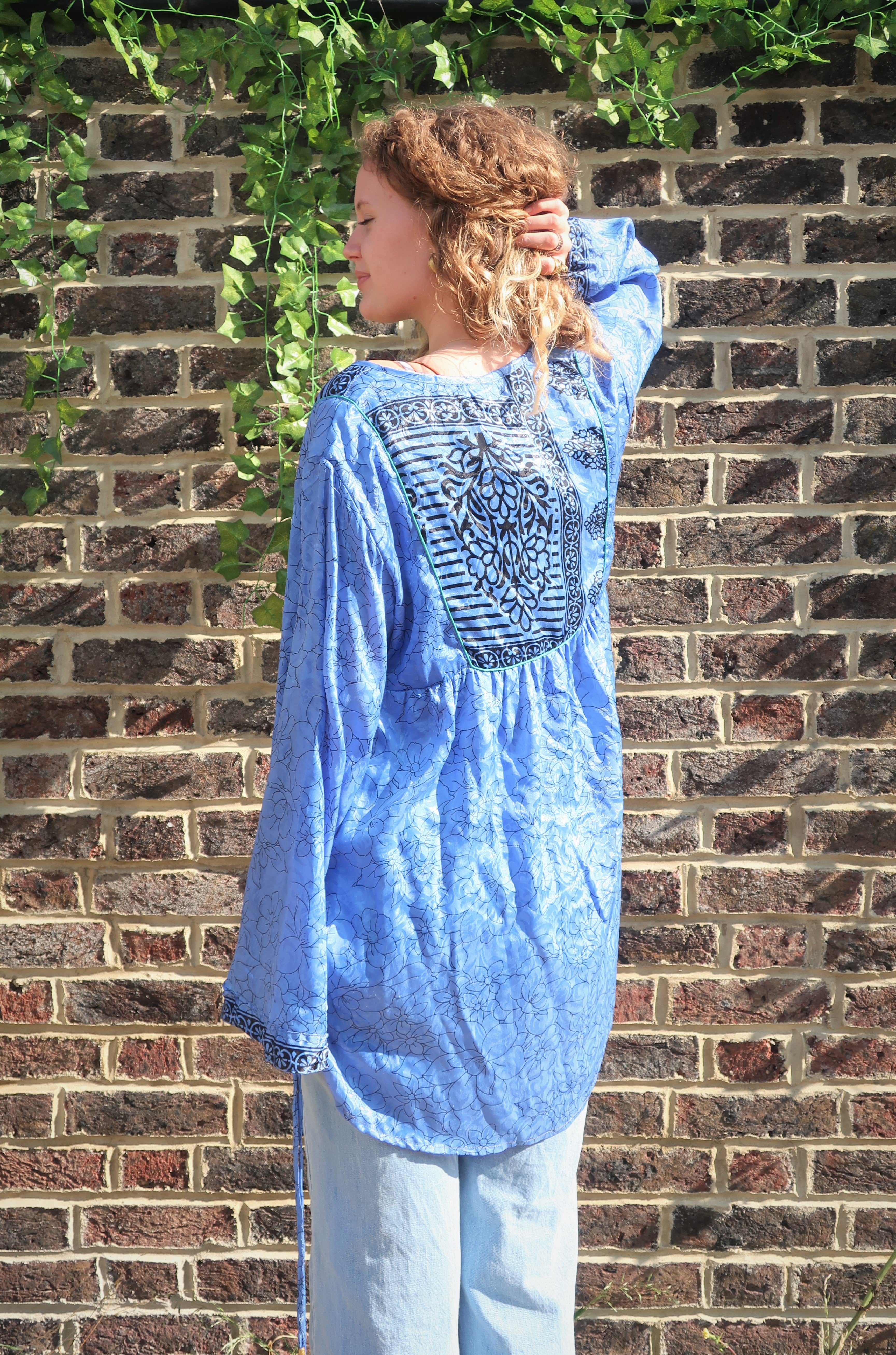 Jude Tunic Top - Vintage Indian Sari - Shimmering Blue Floral (M/L)