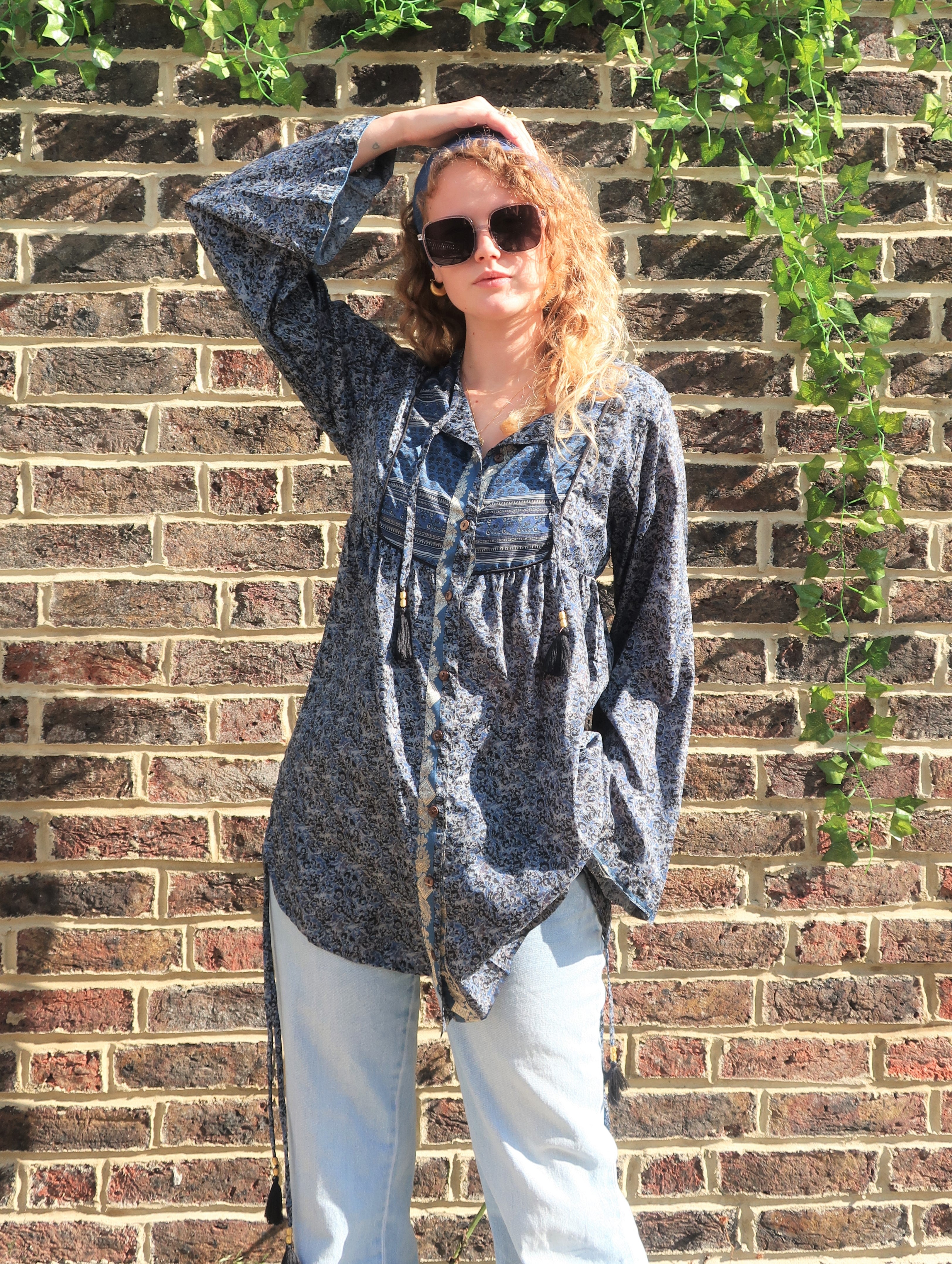 Jude Tunic Top - Vintage Indian Sari - White Teal & Jet Roses (S/M)