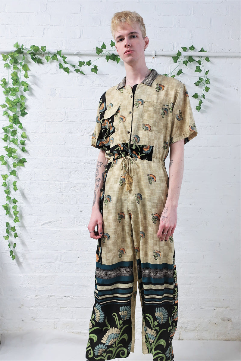 Billie Jumpsuit - Vintage Indian Sari - Midnight Blue Ditsy Floral - XL