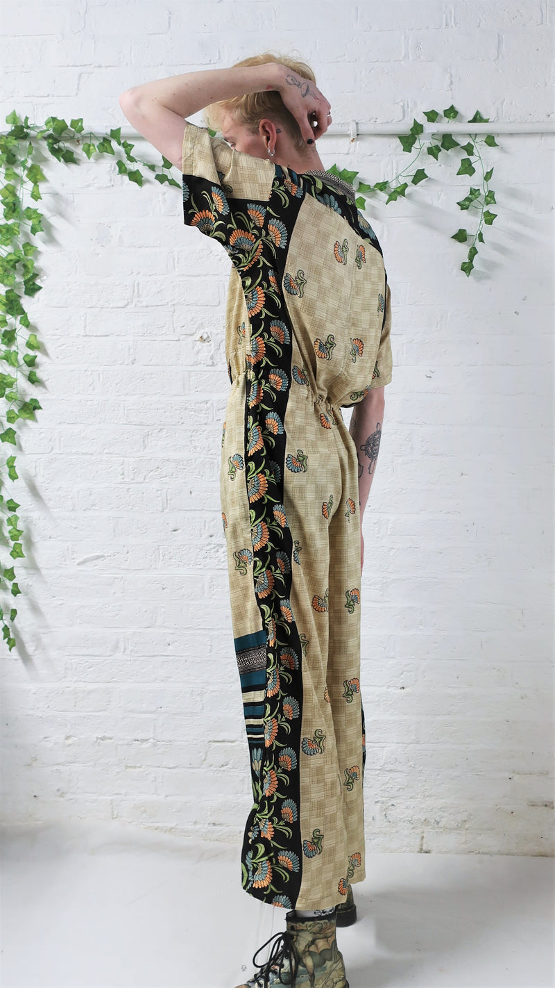 Billie Jumpsuit - Vintage Indian Sari - Midnight Blue Ditsy Floral - XL