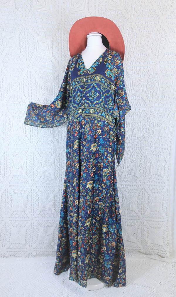 Goddess Jumpsuit - Vintage Indian Sari - Navy, Turquoise & Orange Exotic Floral - XS