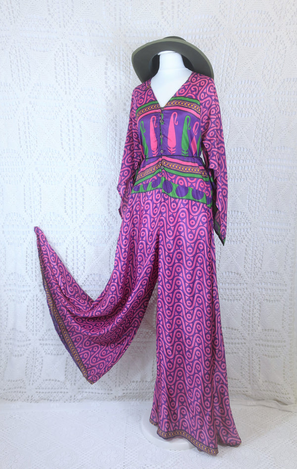 Goddess Jumpsuit - Vintage Indian Sari - Fuchsia, Green & Iris Paisley Nouveau - S/M