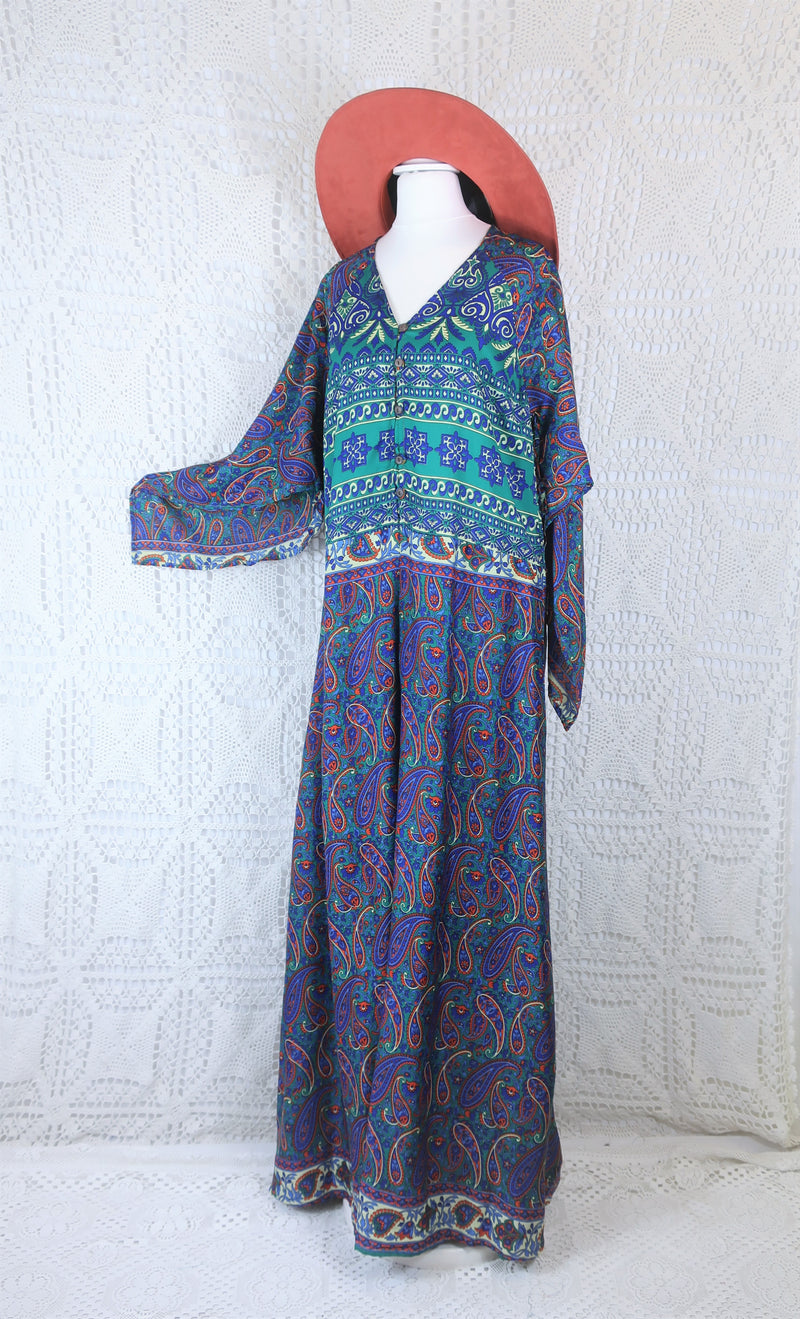 Goddess Jumpsuit - Vintage Indian Sari - Azure, Teal & Tangerine Paisley - S/M