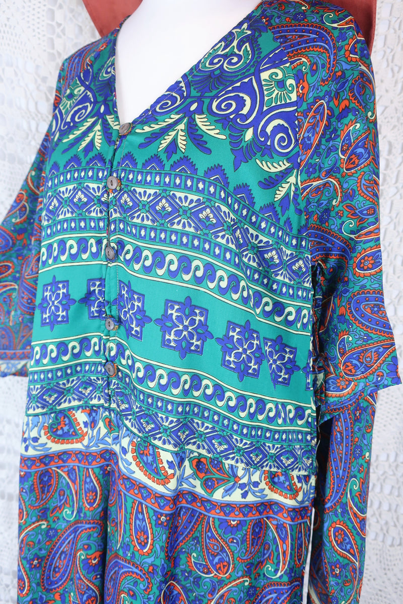 Goddess Jumpsuit - Vintage Indian Sari - Azure, Teal & Tangerine Paisley - S/M