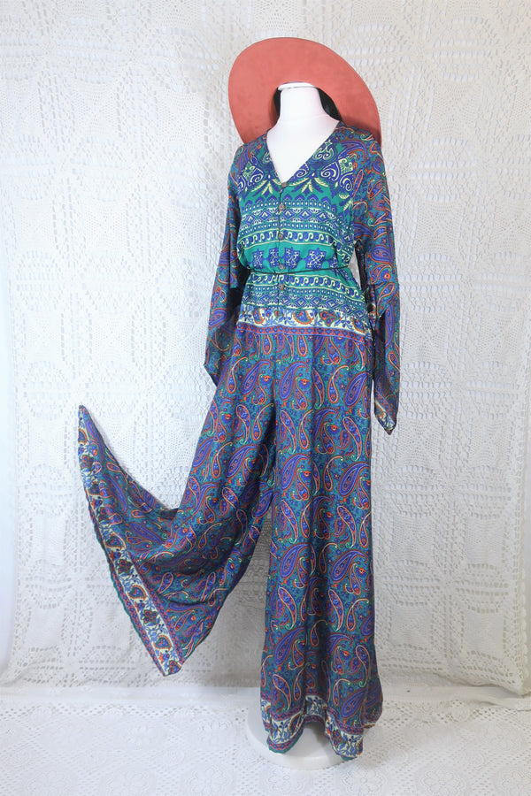 Goddess Jumpsuit - Vintage Indian Sari - Azure, Teal & Tangerine Paisley - S/M