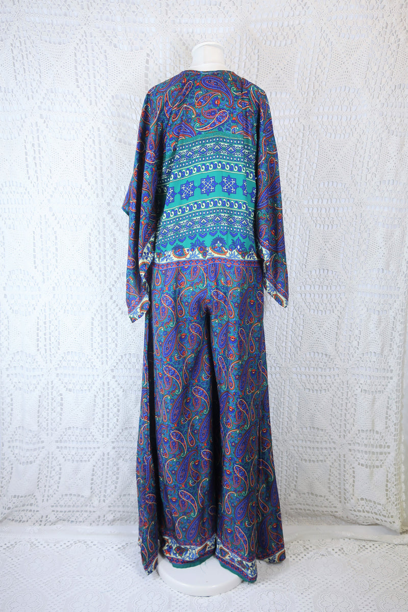 Goddess Jumpsuit - Vintage Indian Sari - Azure, Teal & Tangerine Paisley - S/M