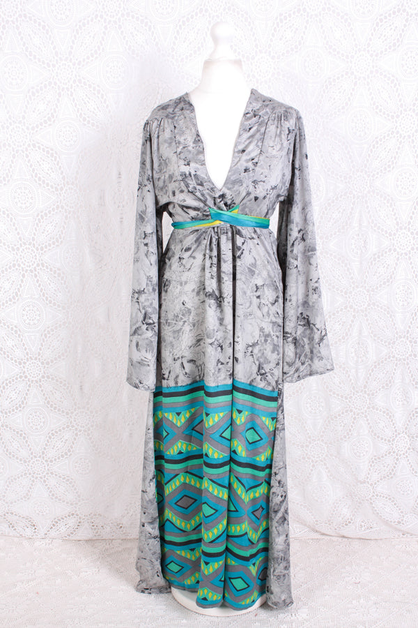 Stevie Maxi Dress - Vintage Indian Sari - Marbled Moon Grey - XS