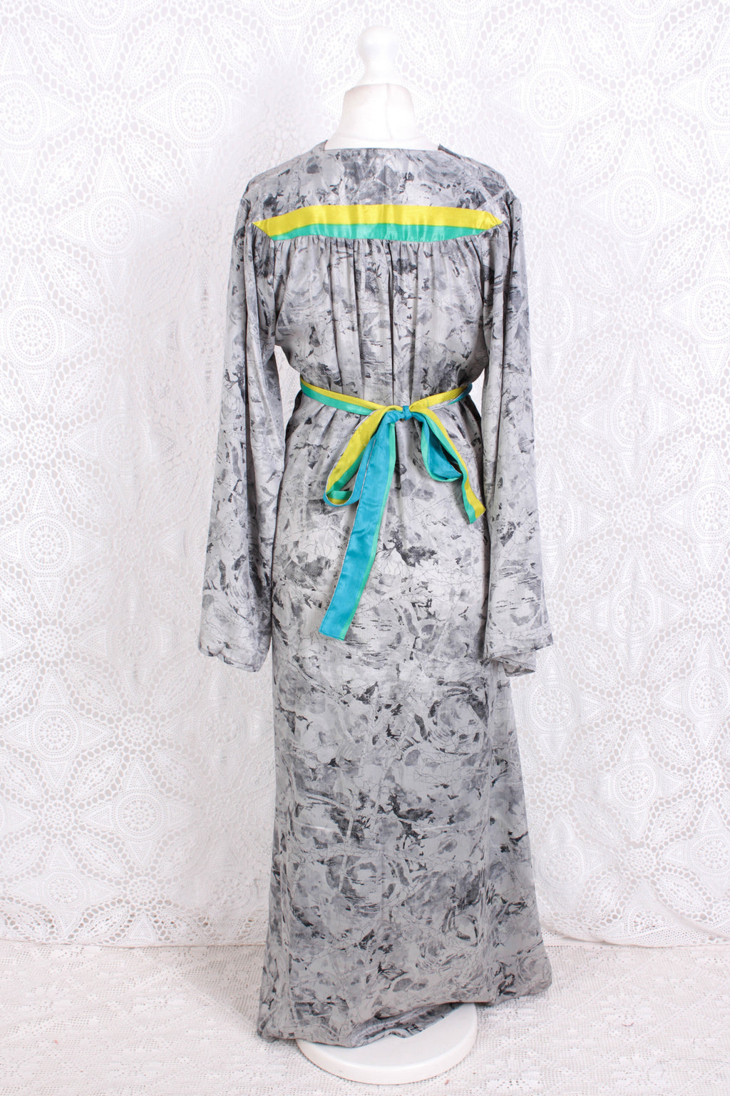 Stevie Maxi Dress - Vintage Indian Sari - Marbled Moon Grey - XS
