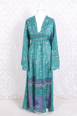 Stevie Maxi Dress - Vintage Indian Sari - Turquoise Floral Graphic - XS