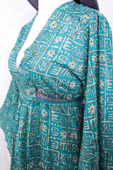 Stevie Maxi Dress - Vintage Indian Sari - Turquoise Floral Graphic - XS