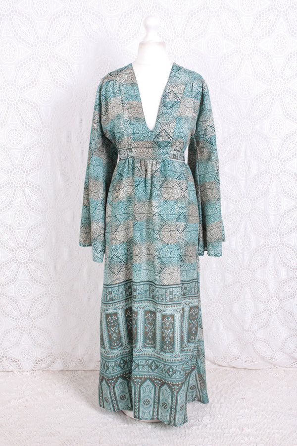 Stevie Maxi Dress - Vintage Indian Sari - Submerged Aqua Mosaic - XS
