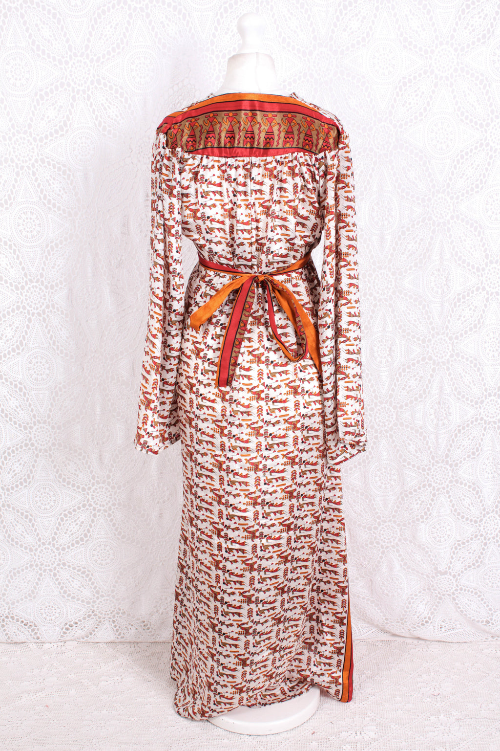 Stevie Maxi Dress - Vintage Indian Sari - Powder, Red & Amber Illustrations - XS