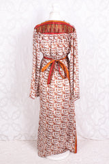 Stevie Maxi Dress - Vintage Indian Sari - Powder, Red & Amber Illustrations - XS