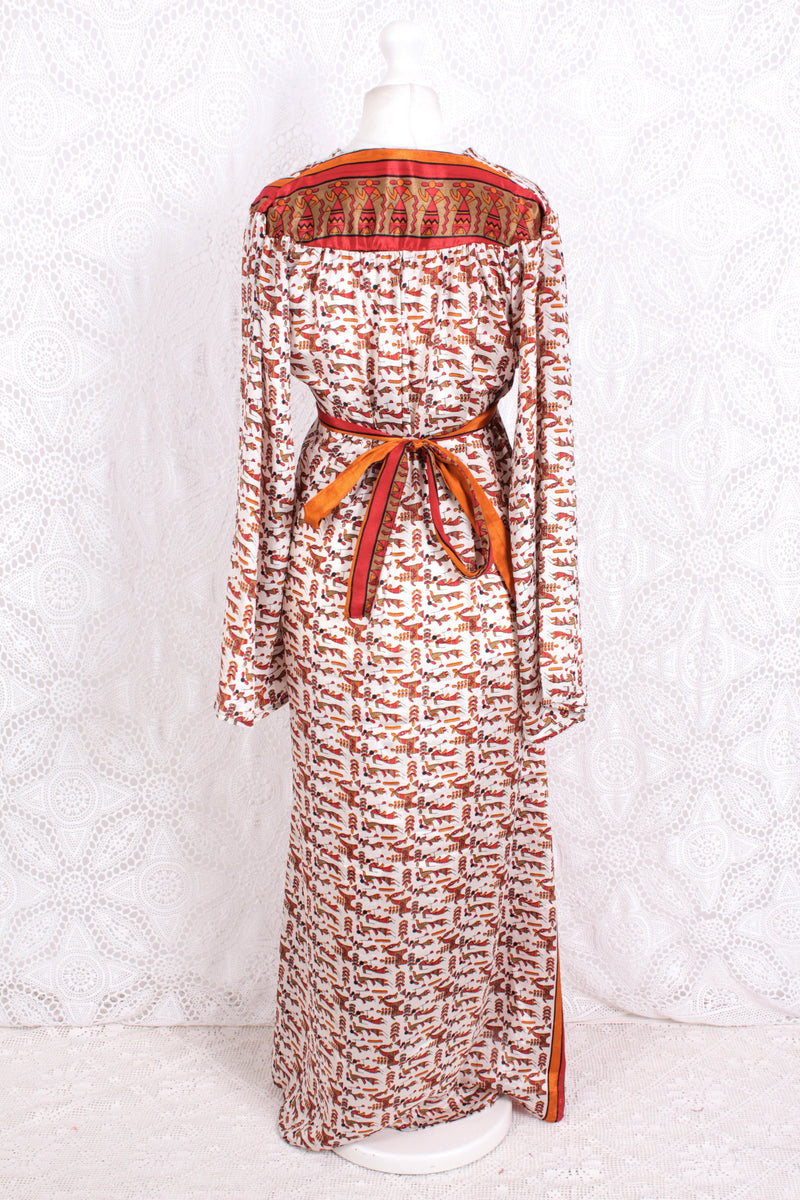 Stevie Maxi Dress - Vintage Indian Sari - Powder, Red & Amber Illustrations - XS