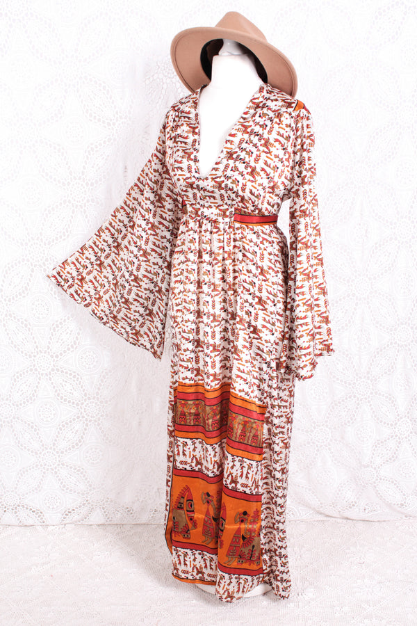 Stevie Maxi Dress - Vintage Indian Sari - Powder, Red & Amber Illustrations - XS