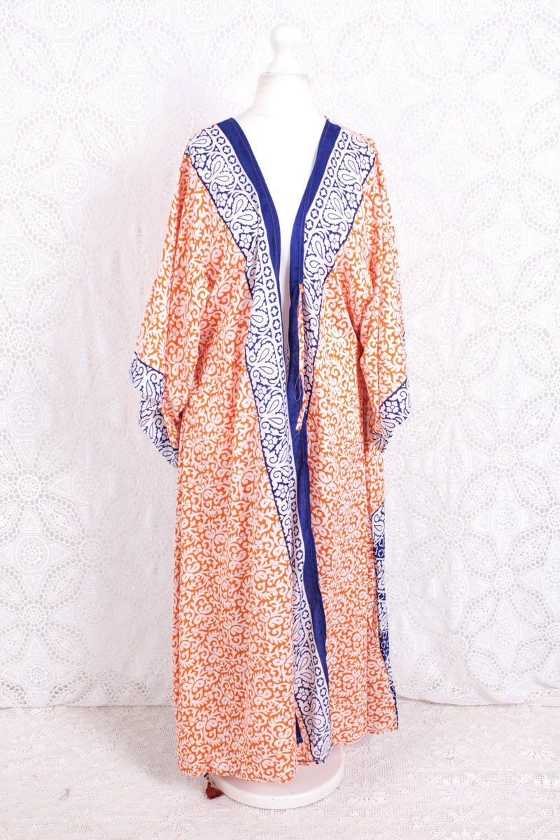 Aquaria Robe Dress - Vintage Indian Sari - Tiger Orange & Indigo Mosaic Tile Print - Free Size XL