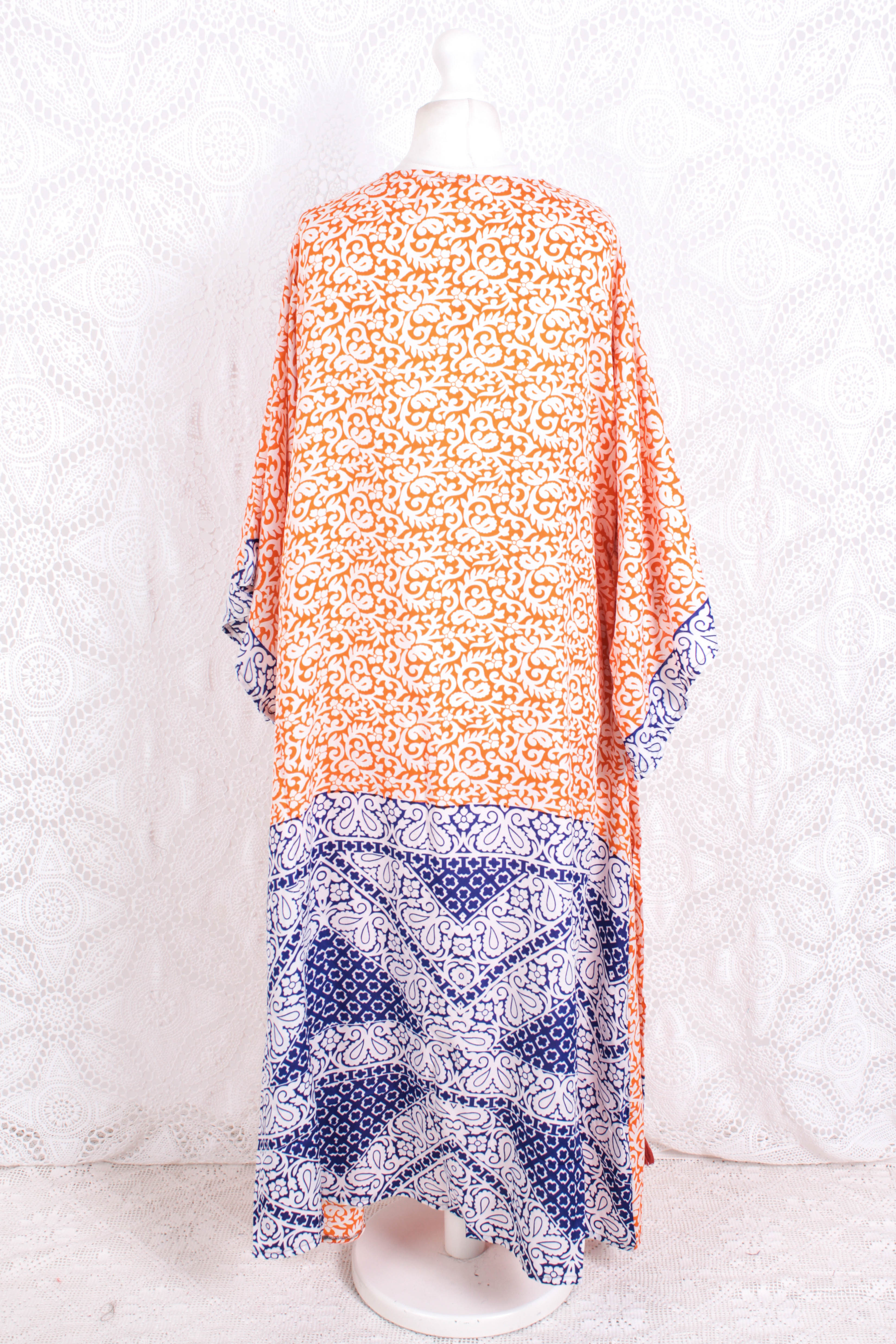 Aquaria Robe Dress - Vintage Indian Sari - Tiger Orange & Indigo Mosaic Tile Print - Free Size XL