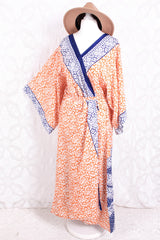 Aquaria Robe Dress - Vintage Indian Sari - Tiger Orange & Indigo Mosaic Tile Print - Free Size XL