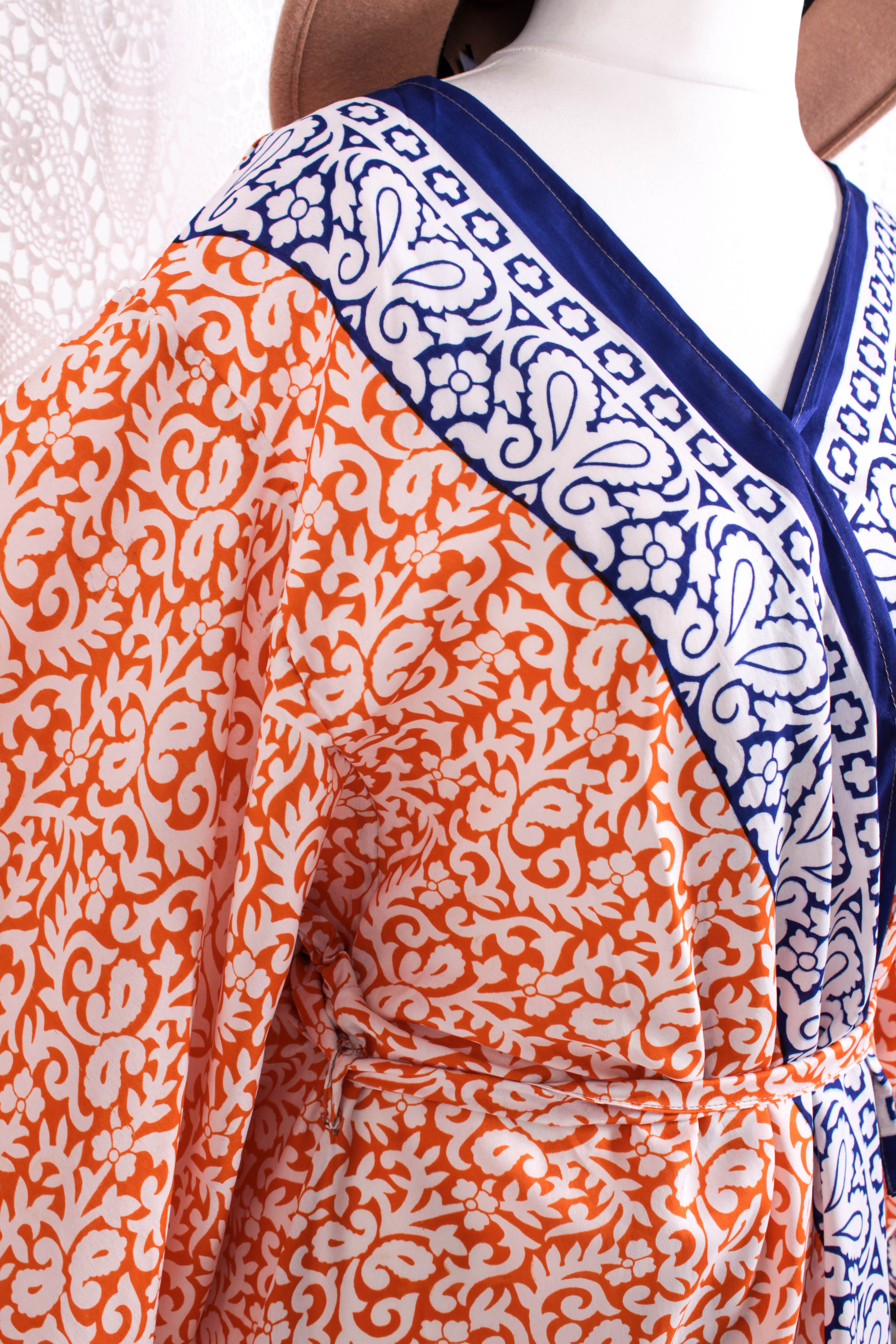 Aquaria Robe Dress - Vintage Indian Sari - Tiger Orange & Indigo Mosaic Tile Print - Free Size XL