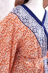 Aquaria Robe Dress - Vintage Indian Sari - Tiger Orange & Indigo Mosaic Tile Print - Free Size XL