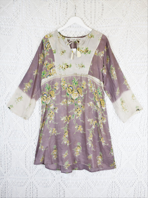 Moonflower Mini Kaftan - Vintage Cotton Sari - Mink & Cream Floral - Size M