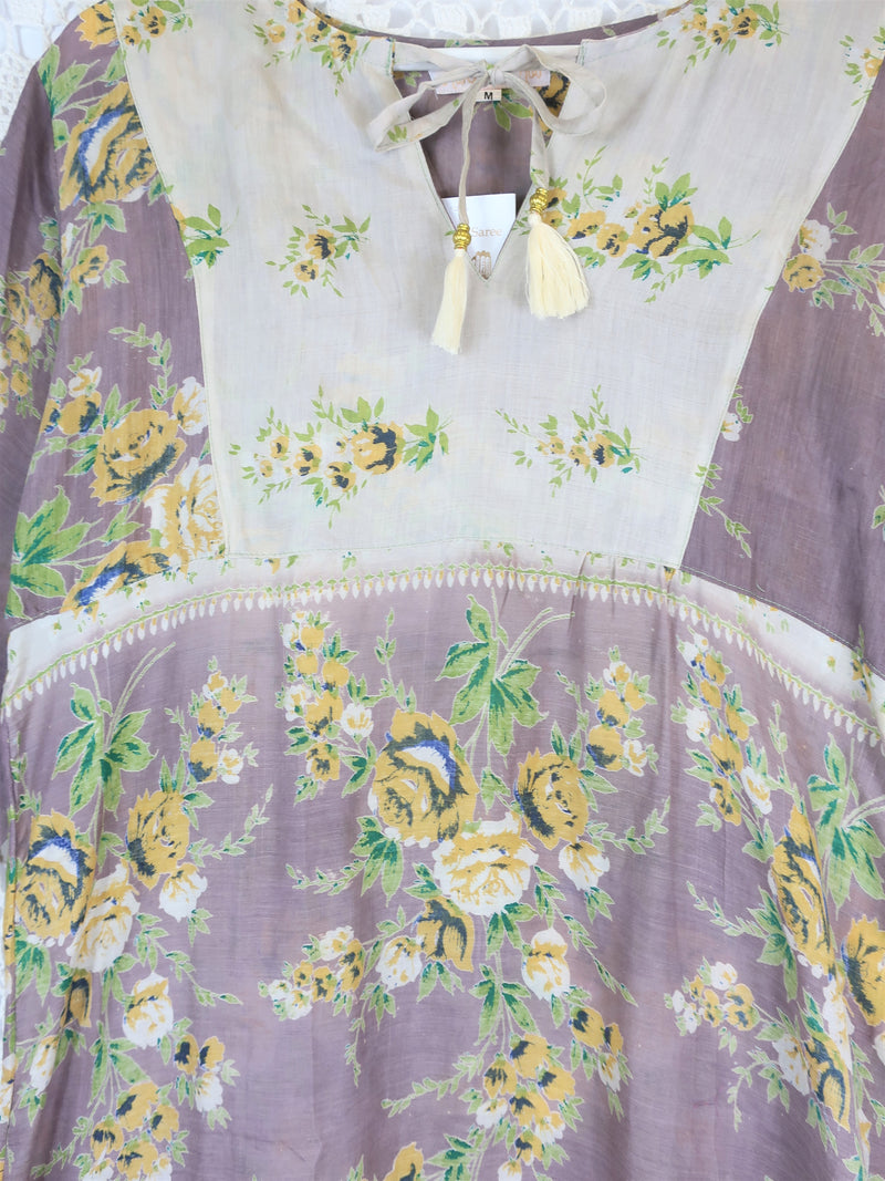 Moonflower Mini Kaftan - Vintage Cotton Sari - Mink & Cream Floral - Size M