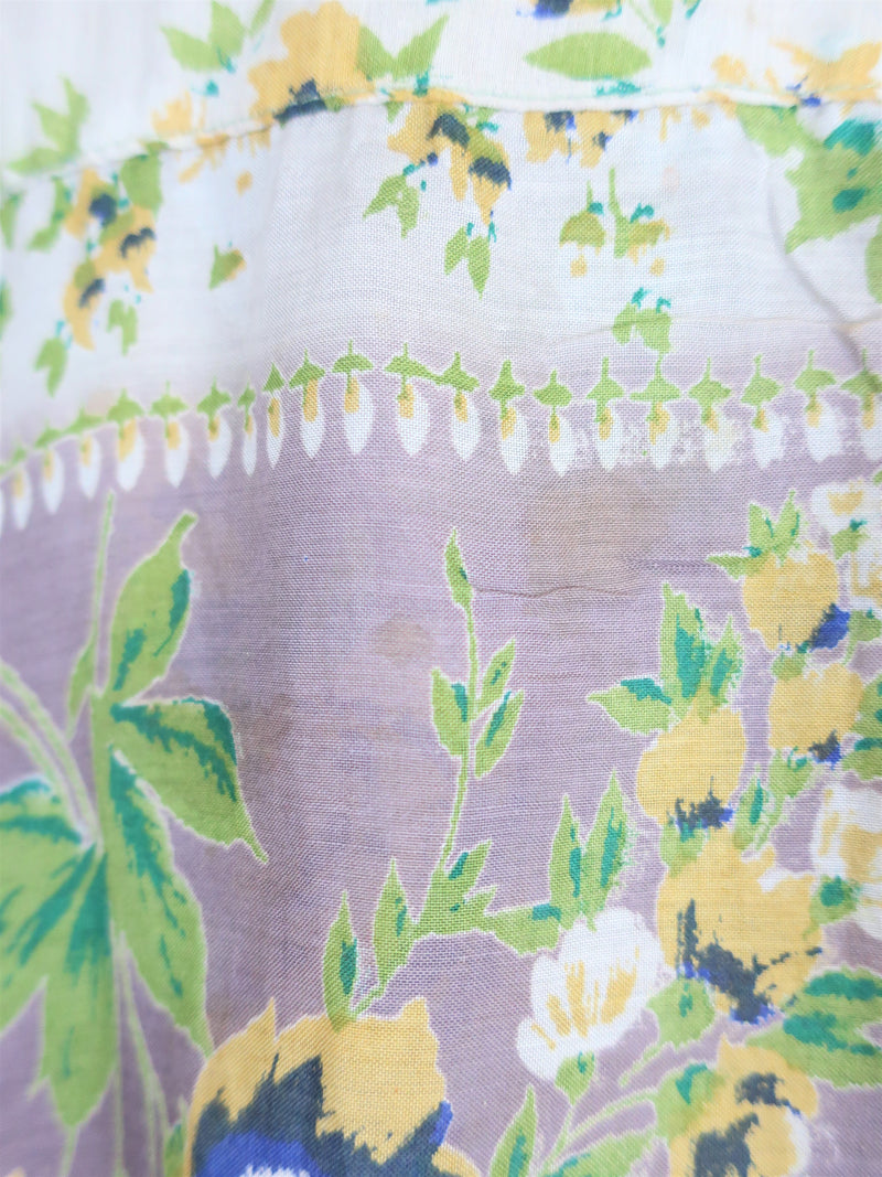 Moonflower Mini Kaftan - Vintage Cotton Sari - Mink & Cream Floral - Size M