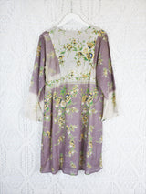 Moonflower Mini Kaftan - Vintage Cotton Sari - Mink & Cream Floral - Size M