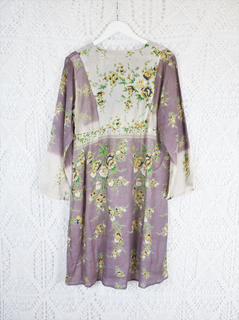 Moonflower Mini Kaftan - Vintage Cotton Sari - Mink & Cream Floral - Size M