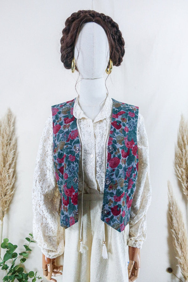 Vintage Waistcoat - Dove Grey Painted Rose Garden - Size S by all about audrey