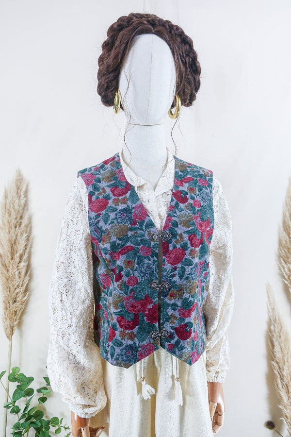 Vintage Waistcoat - Dove Grey Painted Rose Garden - Size S by all about audrey