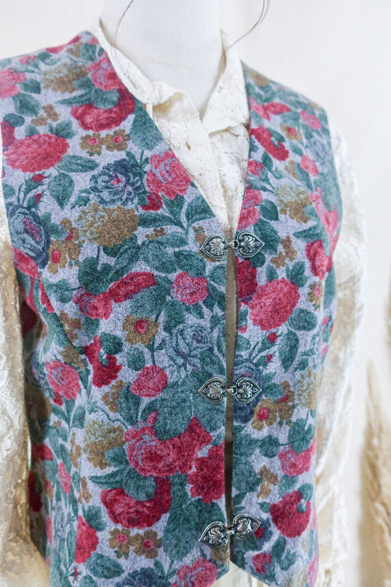 Vintage Waistcoat - Dove Grey Painted Rose Garden - Size S by all about audrey