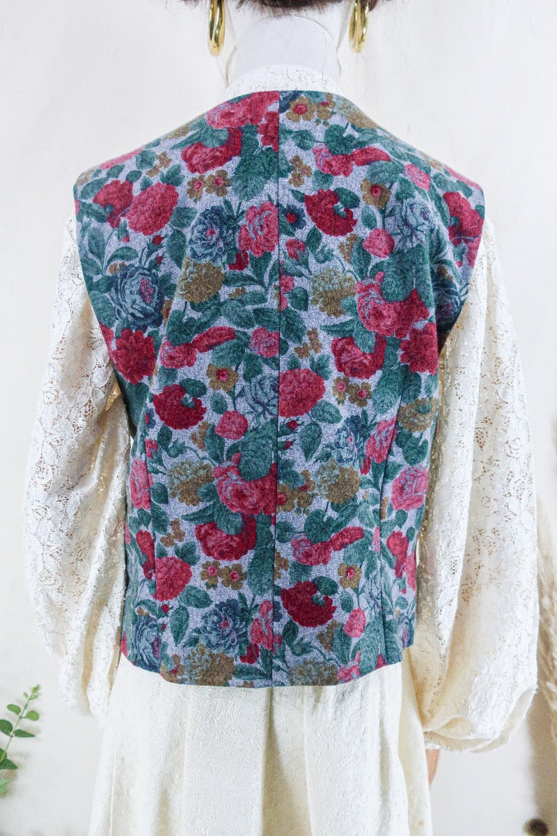 Vintage Waistcoat - Dove Grey Painted Rose Garden - Size S by all about audrey