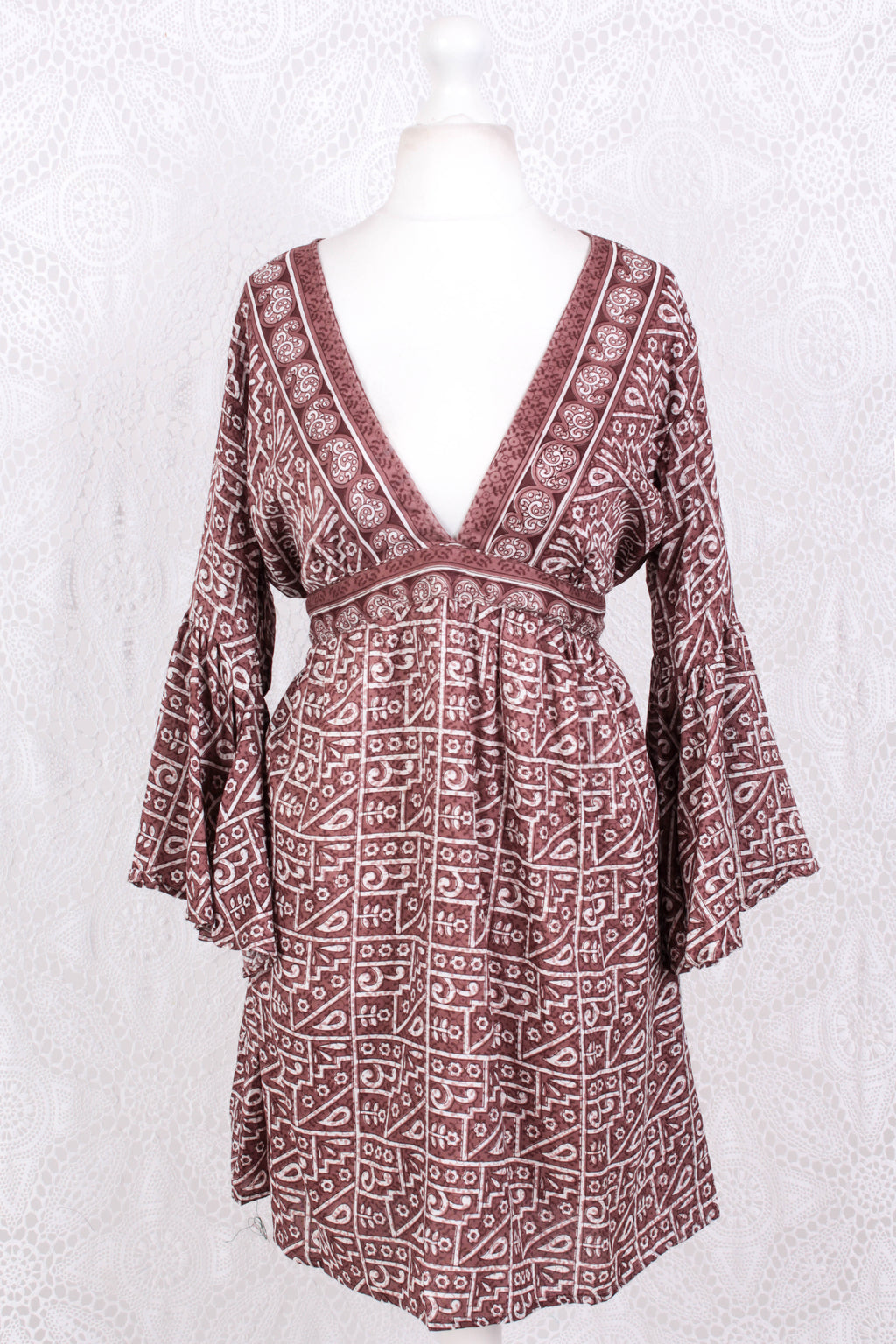 Pansy Mini Dress - Indian Sari - Circular Flounce Sleeve - Rose Taupe Tile Print - Free Size M/L