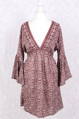 Pansy Mini Dress - Indian Sari - Circular Flounce Sleeve - Rose Taupe Tile Print - Free Size M/L