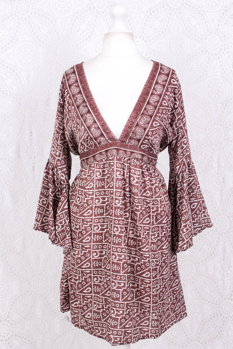 Pansy Mini Dress - Indian Sari - Circular Flounce Sleeve - Rose Taupe Tile Print - Free Size M/L