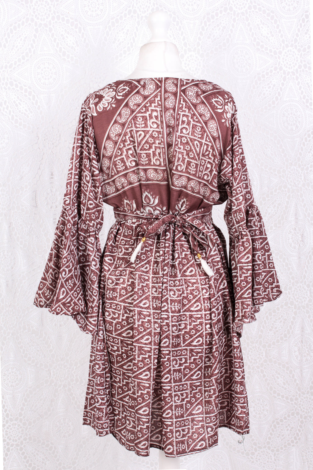 Pansy Mini Dress - Indian Sari - Circular Flounce Sleeve - Rose Taupe Tile Print - Free Size M/L